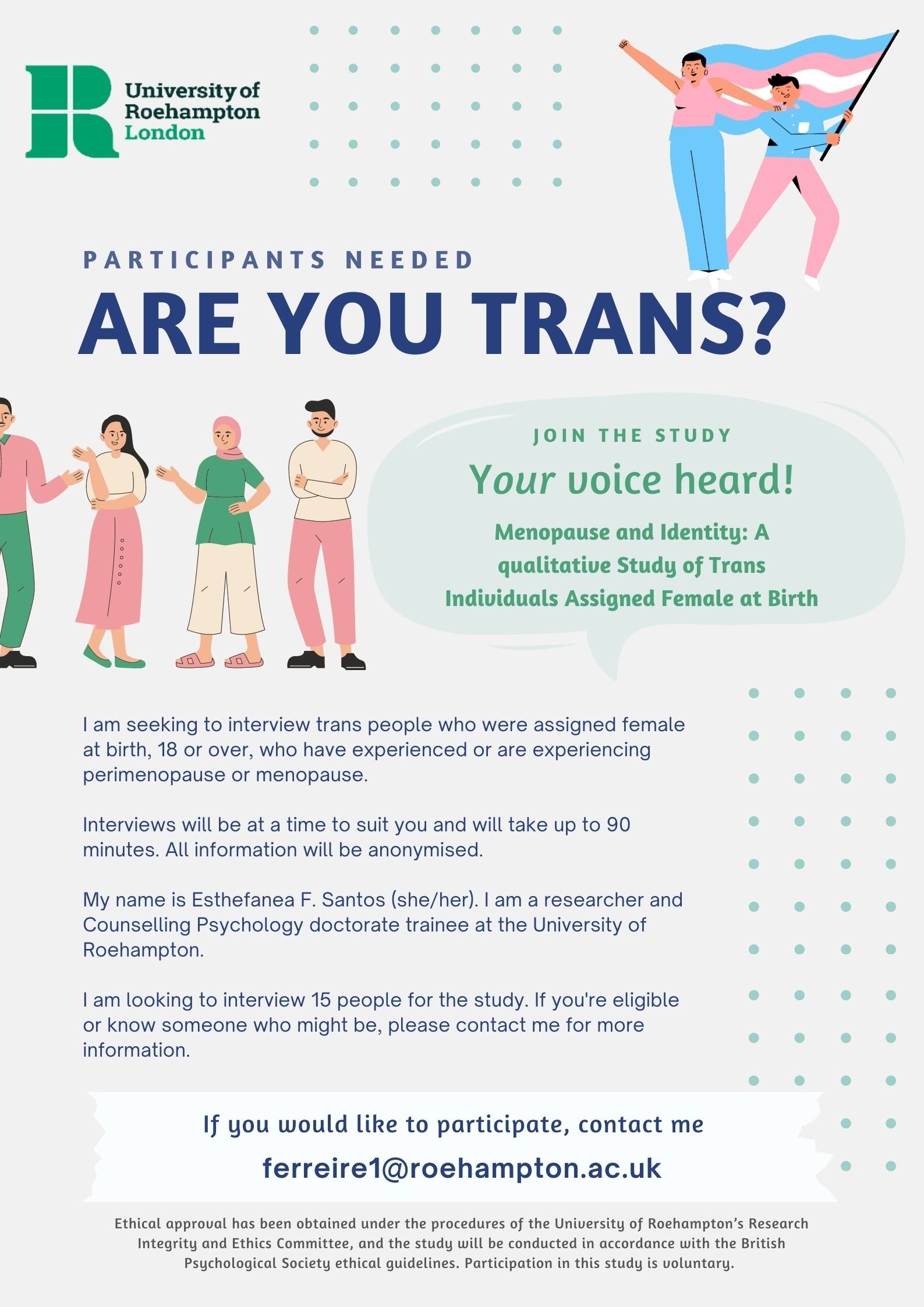 Recruitment poster for research into menopause of Trans people assigned female at birth.